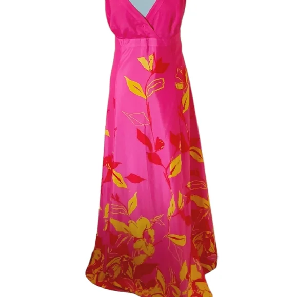 Debut Pink Floral Maxi Dress Size 16 Empire Line Yellow Red Print Pattern Lined. - Picture 2 of 10